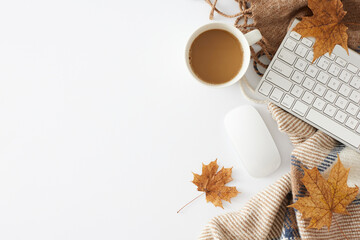 Set up your desk with autumn-themed elements. Top view photo of fragrant coffee, cozy plaid, keyboard, computer mouse, acorns, autumn leaves on white background with empty space for promo or text - obrazy, fototapety, plakaty