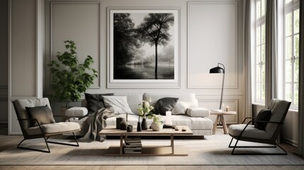 Scandinavian interior design with wall hung picture frames. - obrazy, fototapety, plakaty