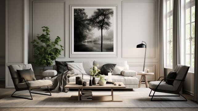 Scandinavian interior design with wall hung picture frames.