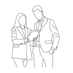 Office workers at a business meeting. Business people having discussion Line art drawings isolated on white background.