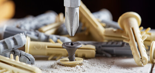 screwdriver screw and dowel in a concrete wall background