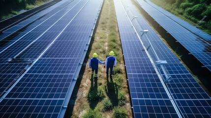 Aerial view over two technician walking for inspecting operation efficiency of solar panel energy production field solar farm in countryside area with sunset. Made with generative AI	