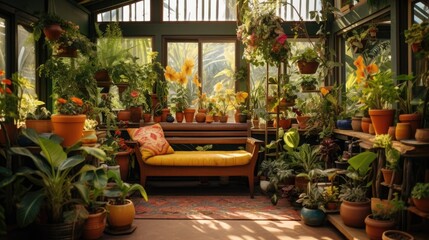 Fototapeta na wymiar The home garden interior is filled with a variety of beautiful plants in different pots, creating a stylish and jungle like atmosphere.