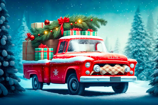 red car pickup truck decorated with Christmas wreath, blankets, pillows and gift boxes with presents is standing in forest, Santa Claus's magic transport, New Year and Christmas banner background