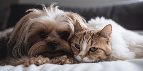 A dog and a cat cuddle together as friends on soft furnishing