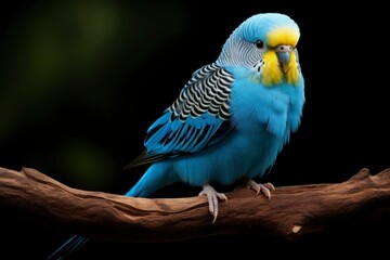 one blue budgerigar on a branch on blue background