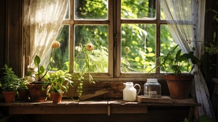 Fototapeta na wymiar Rustic wooden house with a white window and mosquito net, garden view. Houseplants and watering can on the windowsill.