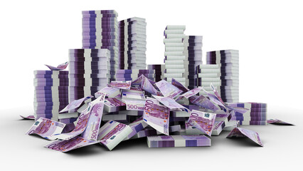 Big stacks of Euro notes. A lot of money isolated on transparent background. 3d rendering of bundles of cash
