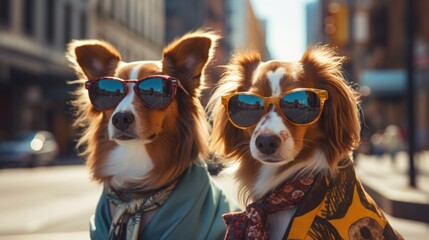 Two dogs wearing sunglasses on a city street. AI