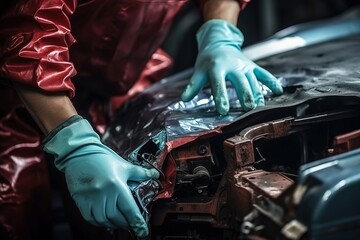 Obraz premium Auto body repairman fixes a car damaged in an accident or collision