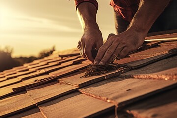 Man repairs the roof and tiles - obrazy, fototapety, plakaty
