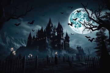 Haunted Gothic castle at night.
