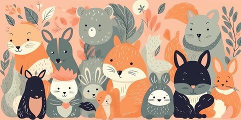 Baby hand drawn design for textile, posters, cards. Baby animals pattern. Fabric baby design.. Vector illustration with cute animals. Nursery baby pattern illustration  © zaschnaus