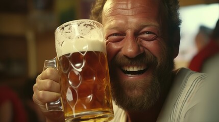 Fototapeta premium Smiling red and ruddy German man drinks a large mug of beer. Generative AI