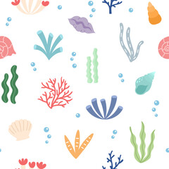 Seamless pattern with colored cartoon seaweed, shells and corals on a white background. Sea flora design for print, textile. Vector illustration