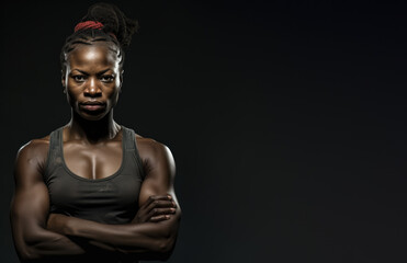 Fototapeta na wymiar African American woman, MMA fighter, studio portrait on black background, copy space at side. Generative AI