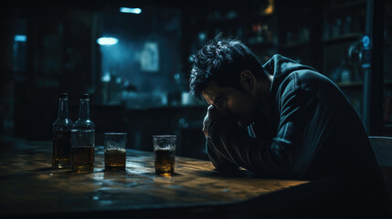Obraz premium Depressed man in a dark room drnking alcohol.