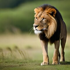 Male lion in the green wild grass with big mane, generative AI