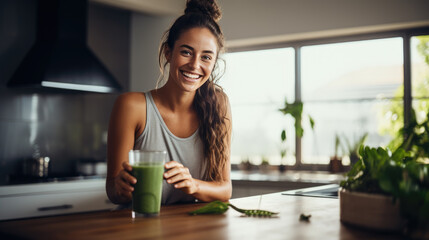 Sporty girl on a diet made a smoothie in the kitchen - obrazy, fototapety, plakaty