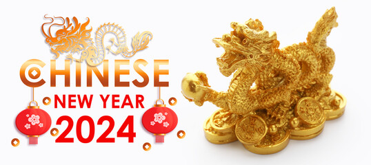 Greeting card for Chinese New Year 2024 with golden dragon on white background