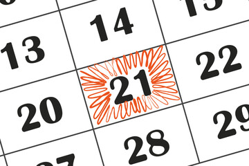 The date in calendar 21 is marked with a red pencil. Save the date recorded in the calendar