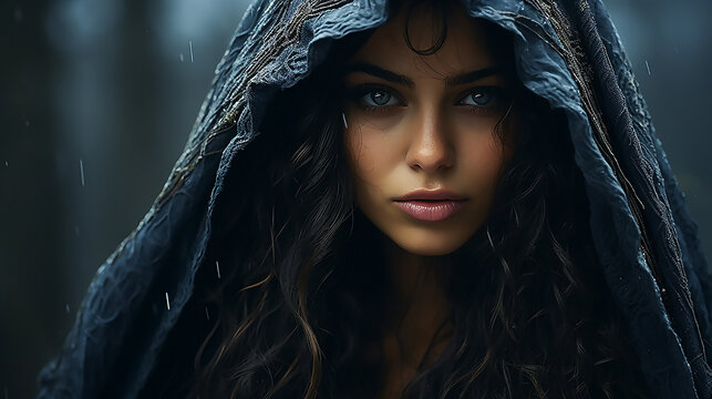 portrait of a witch, Halloween mystical atmosphere, mythology goddess Valkyrie. Spiritualism