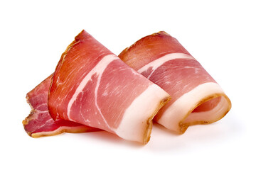 Dry Spanish ham, Jamon Serrano, Bellota, Italian Prosciutto Crudo or Parma ham, isolated on white background.