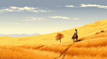A young girl with horse walks on the road in a golden wheat field. Minimalist Illustration style in yellow color, Japanese Countryside.