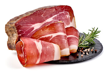 Dry Spanish ham, Jamon Serrano, Bellota, Italian Prosciutto Crudo or Parma ham, isolated on white...