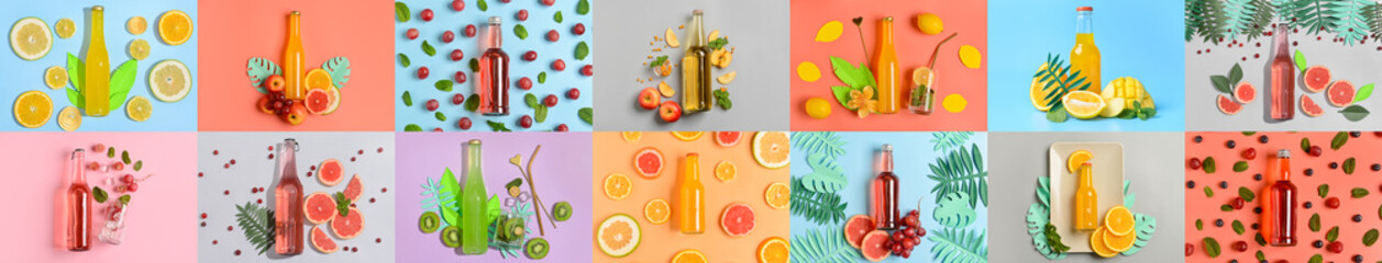 Collage of bottles with refreshing soda drinks on color background, top view