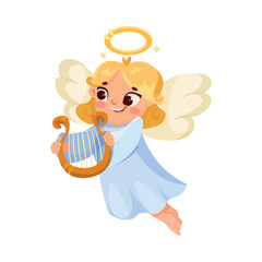 Cute Blonde Girl Angel with Harp and Nimbus Vector Illustration