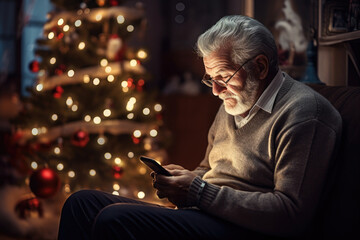 Solitude, loneliness during Christmas holidays. Eldery man sitting on sofa near decorated Christmas tree at home. Lonely senior man celebrating Christmas alone, looking to smartphone screen
