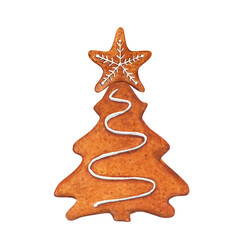 Christmas gingerbread spruce with star on top. Traditional pastry decorated with white icing. For Christmas and New Year cards, greetings, templates. Watercolor illustration isolated on white