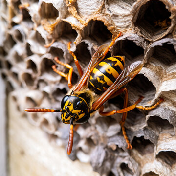 Hornet wasps nest on the inside frame of a house wall. Pest control work. Close up.