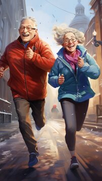 A painting of a man and a woman running down a street