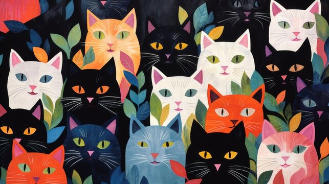A painting of a group of cats with different colors