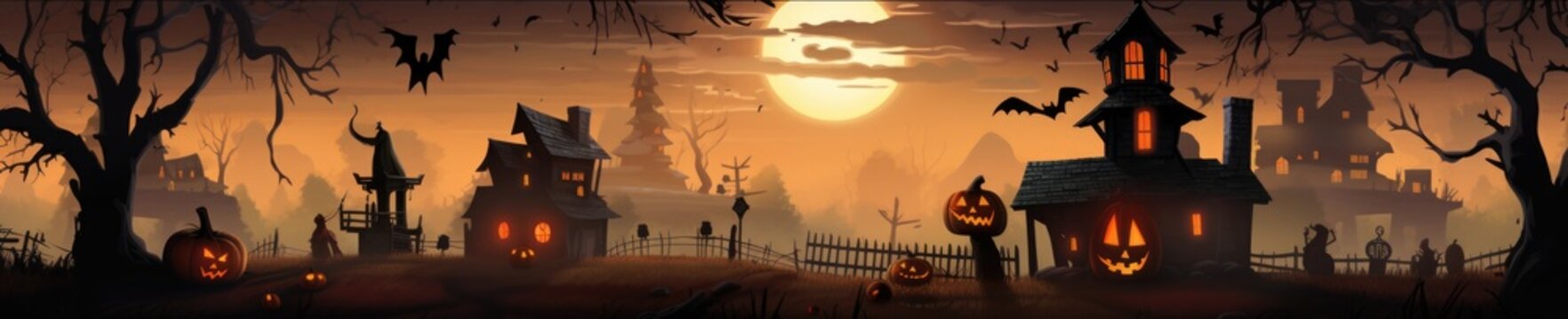 A painting of a halloween scene with pumpkins