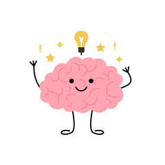 Brain think, light bulb as idea, cute child character. Happy brain learn and finds solution. Vector