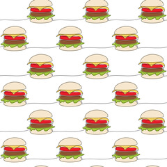 Cheeseburger seamless pattern vector. Line continuous hand drawn illustration. Food outline backdrop, snacks background. Graphic wallpaper, kitchen print, poster, package design, card, brochure.