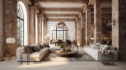 Fototapeta na wymiar Stylish loft studio apartment with modern fashionable interior and chic furniture, adorned with brick, marble, and wood, featuring white walls and wooden columns.