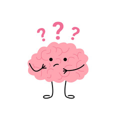 Brain think, doubt over question, cute child character. Confused brain, seek answer. Vector illustrationBrain think, doubt over question, cute child character. Confused brain, seek answer. Vector