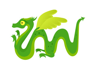 Green winged serpent or dragon. Flat vector illustration.