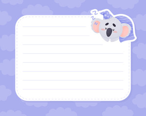Note Card with Sleepy Koala Animal in Cap Under Blanket Vector Template