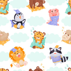 Seamless Pattern with Sleepy Animal with Cute Snout and Pillow Vector Template