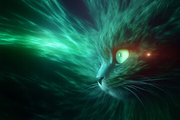 Dreamer cat, fluffy, emerald background, hyper space, future cat, realistic fur, Generative AI