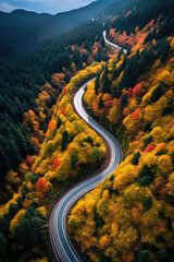 Aerial view of car traveling on winding mountain road in a forest. Generative AI