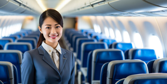 Asian woman working as flight attendant. Female airplane stewardess with blurred seats in aisle background. Generative AI