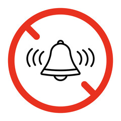 Forbidden bell and loud sound, ban noise sign. Prohibited bell ring symbol. Stop music, restriction sound. Silence icon. Vector