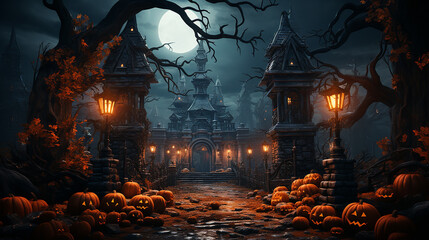 tradycja halloween mroczna noc księżyc ponura atmosfera. - obrazy, fototapety, plakaty