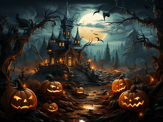 tradycja halloween mroczna noc księżyc ponura atmosfera. - obrazy, fototapety, plakaty